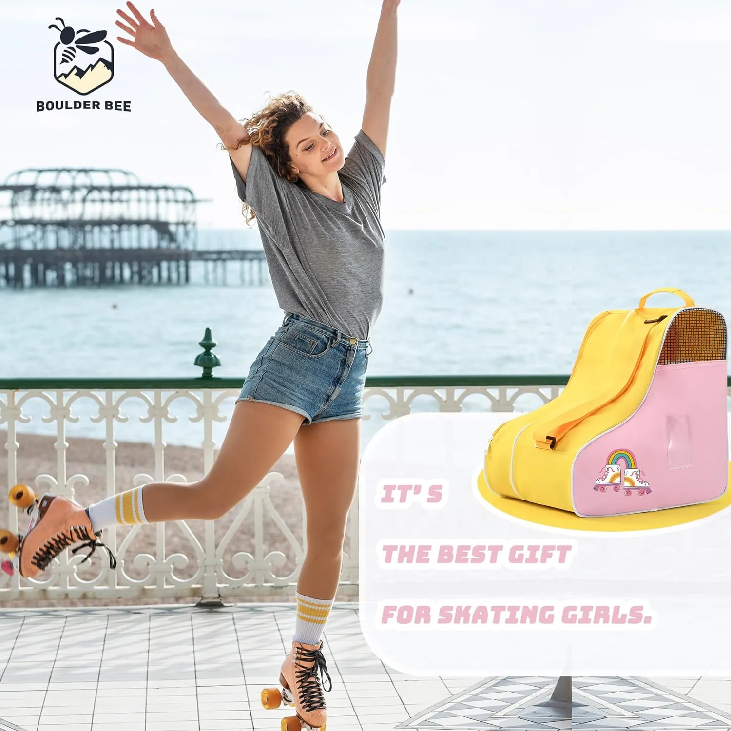 Boulder Bee Roller Skate Bag, Ice Skate Bag for Women with Adjustable Shoulder Strap, Shoe Bag for Ice Skating/Inline Skates, for Both Kids and Adults