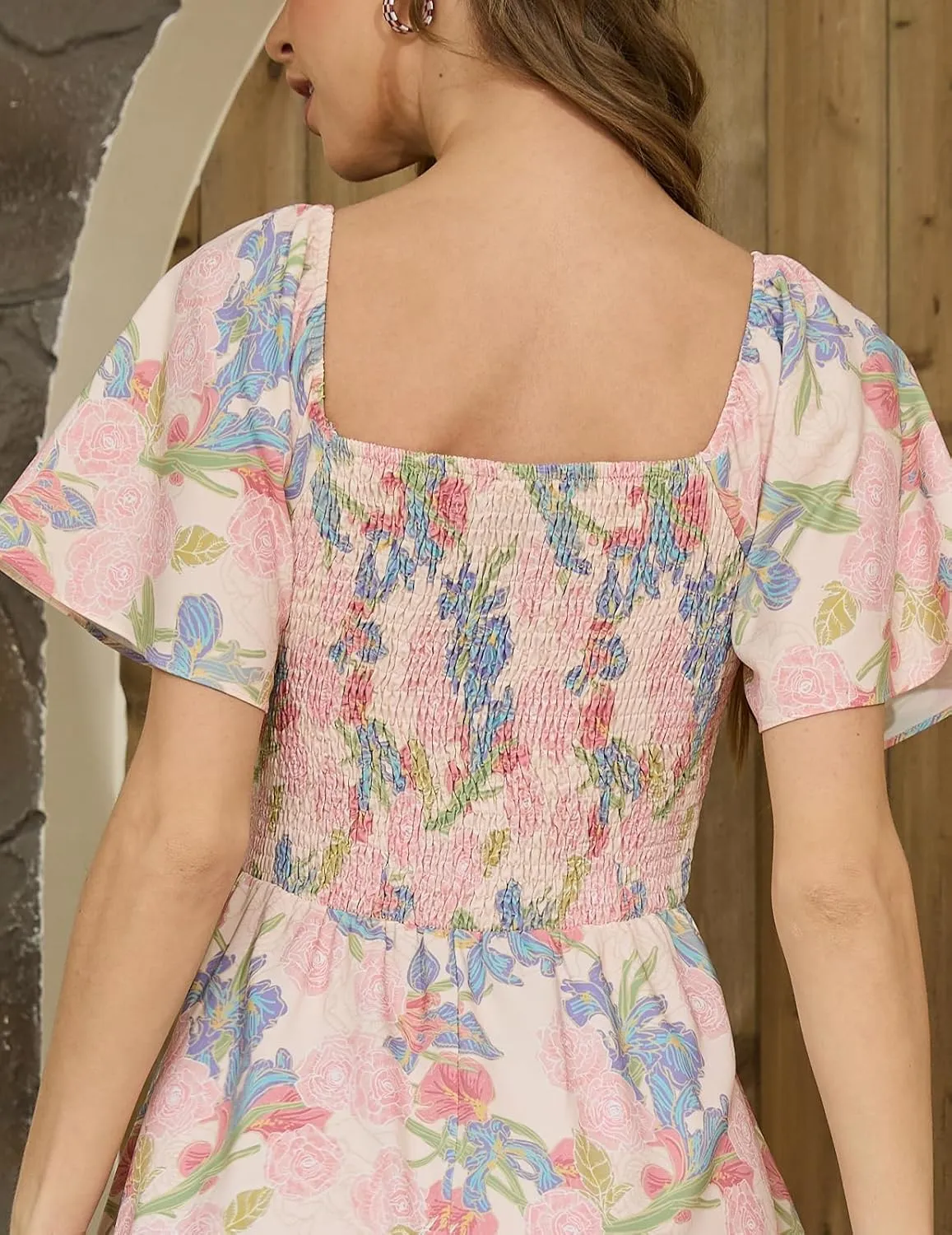 Bridesmay Women's Casual Summer Dress Short Sleeve Flowy Floral Dresses for Wedding Guest Asymmetrical Square Neck