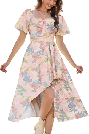 Bridesmay Women's Casual Summer Dress Short Sleeve Flowy Floral Dresses for Wedding Guest Asymmetrical Square Neck
