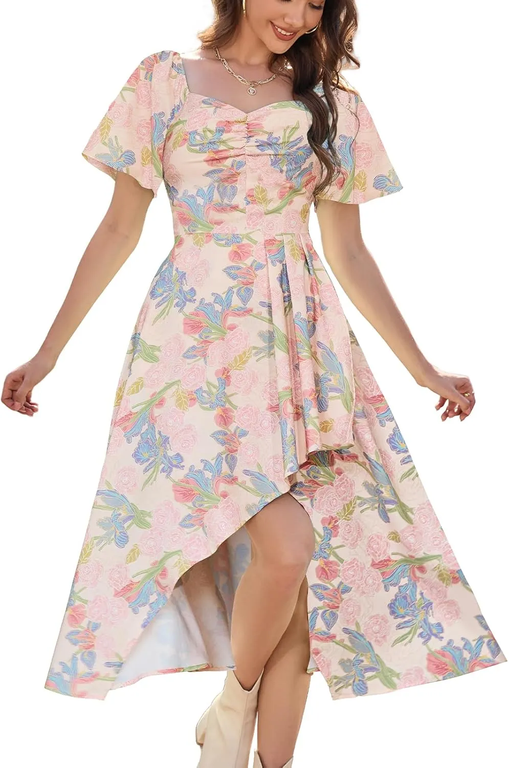 Bridesmay Women's Casual Summer Dress Short Sleeve Flowy Floral Dresses for Wedding Guest Asymmetrical Square Neck
