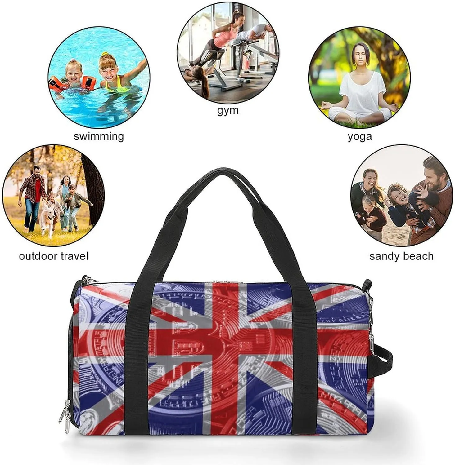 British Flag Bitcoin Gym Duffel Bag Waterproof with Shoe Compartment for Sports