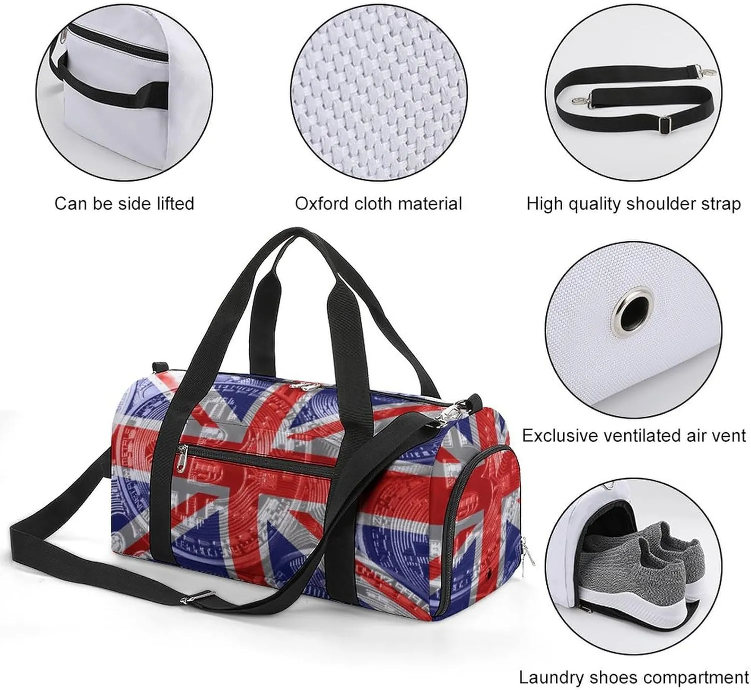 British Flag Bitcoin Gym Duffel Bag Waterproof with Shoe Compartment for Sports