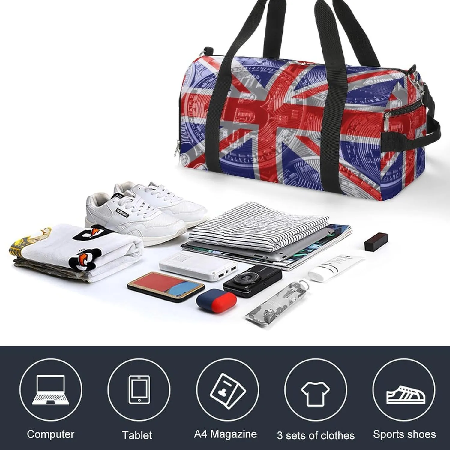 British Flag Bitcoin Gym Duffel Bag Waterproof with Shoe Compartment for Sports