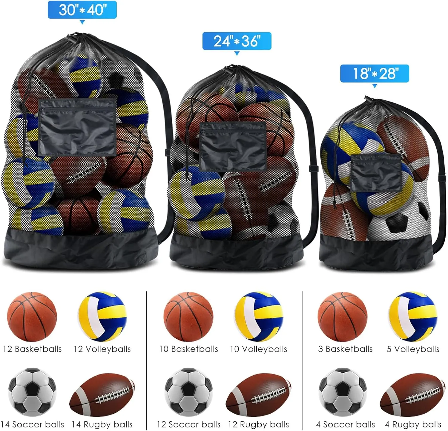 BROTOU Thickened Extra Large Sports Ball Bag Mesh Socce Ball Bag Heavy Duty Drawstring Bags Team Work for Holding Basketball, Volleyball, Baseball, Swimming Gear with Shoulder Strap