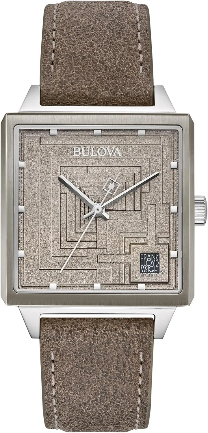 Bulova Men's Frank Lloyd Wright Limited Edition 'Ennis House' Silver Stainless Steel Watch, Grey Leather Strap Watch, Textured Medallion Grey Pattern Dial, 3 Hand (Model: 96A314)