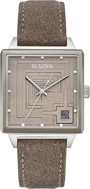 Bulova Men's Frank Lloyd Wright Limited Edition 'Ennis House' Silver Stainless Steel Watch, Grey Leather Strap Watch, Textured Medallion Grey Pattern Dial, 3 Hand (Model: 96A314)