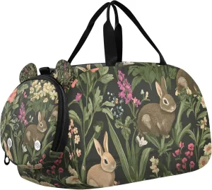Bunny Rabbits Lawn Green Duffle Bag for Toddler Boys Girls, Gym Sports Bag with Shoe Compartments, Kids Travel Overnight Weekender Shoulder Bag