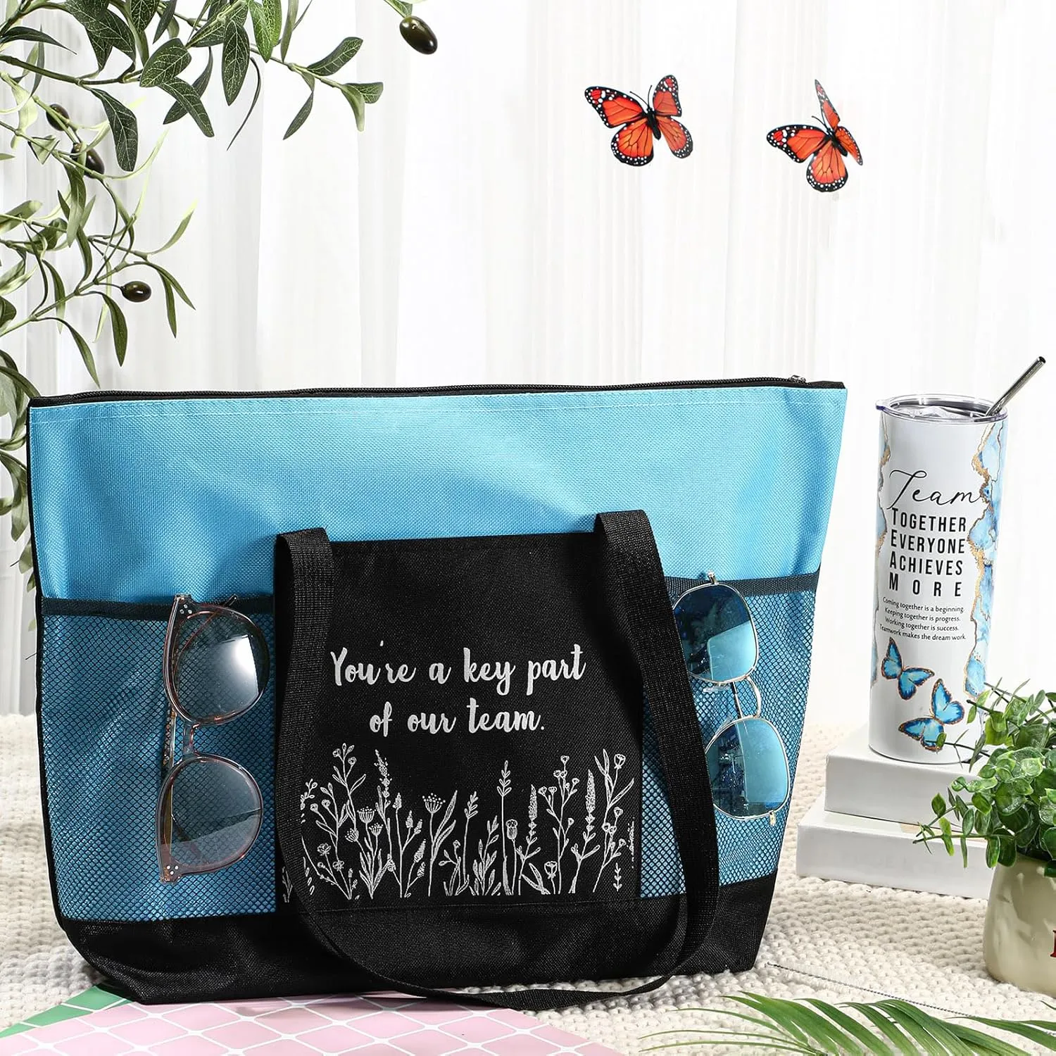 Buryeah 2 Pcs Employee Appreciation Week Gift for Team Staff 20 oz Marble Tumbler with Lid Large Tote Bag with Mesh Pockets Administrative Office Business Gift for Assistant Volunteer(Light Blue)