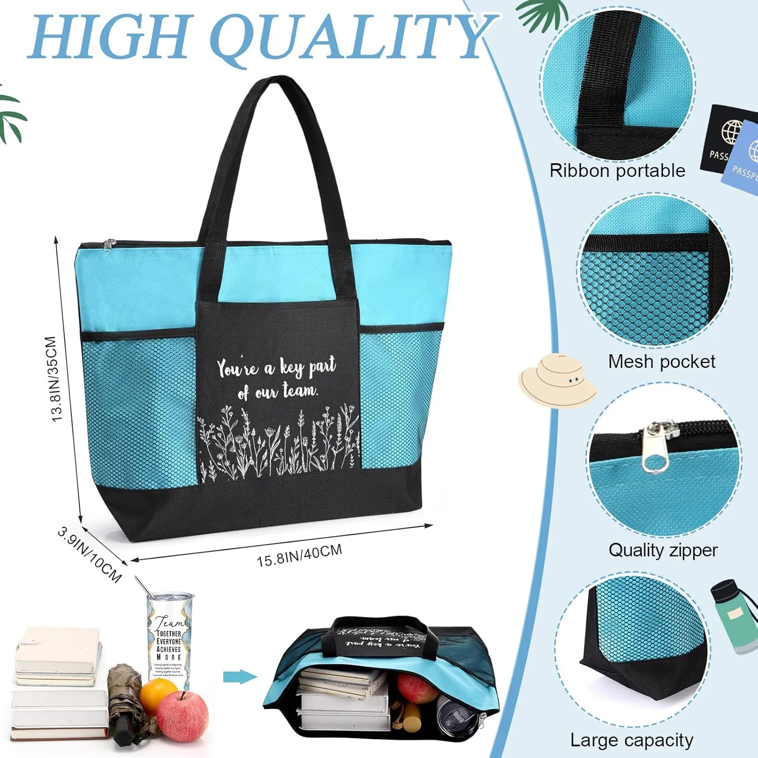 Buryeah 2 Pcs Employee Appreciation Week Gift for Team Staff 20 oz Marble Tumbler with Lid Large Tote Bag with Mesh Pockets Administrative Office Business Gift for Assistant Volunteer(Light Blue)