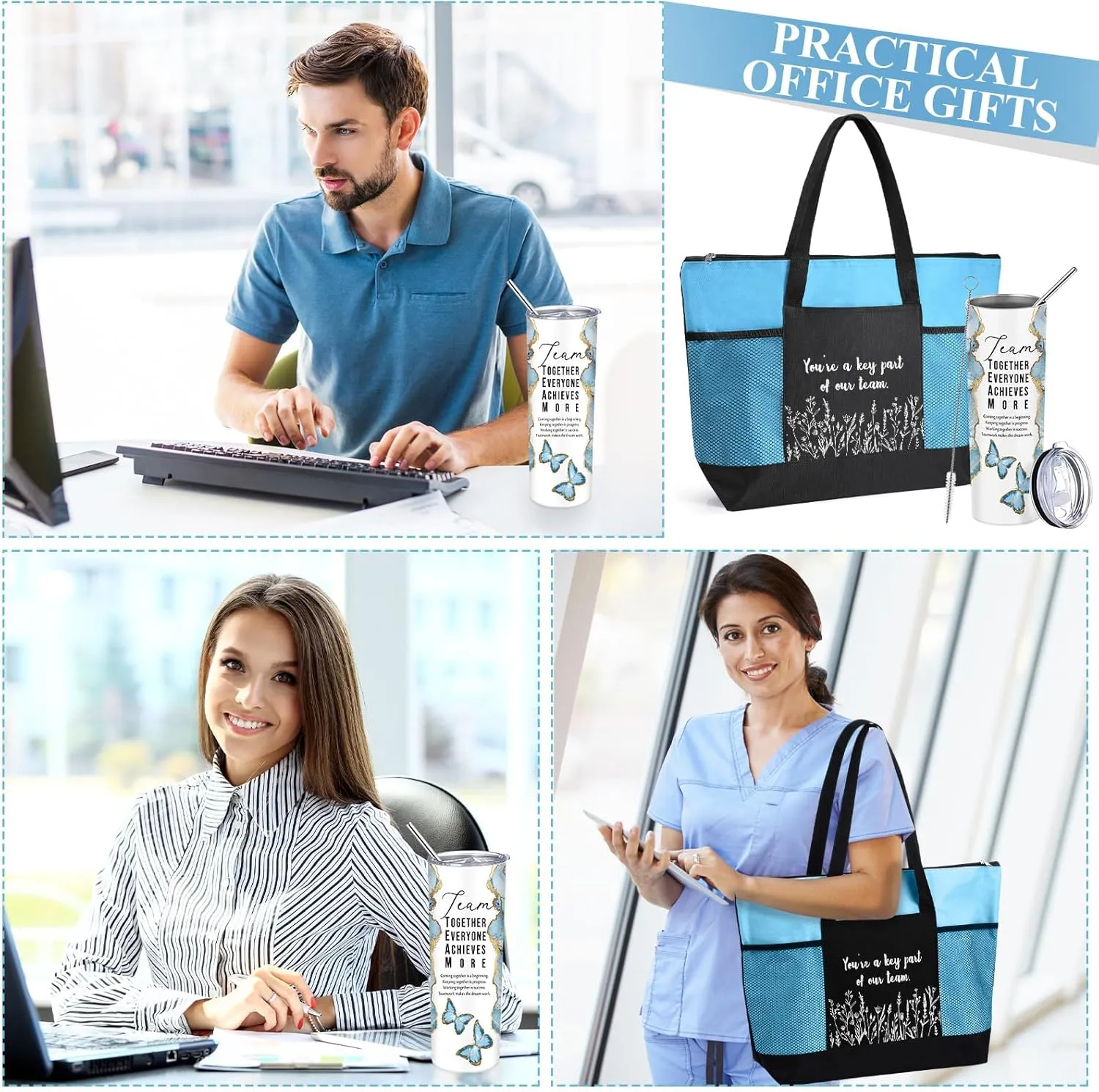 Buryeah 2 Pcs Employee Appreciation Week Gift for Team Staff 20 oz Marble Tumbler with Lid Large Tote Bag with Mesh Pockets Administrative Office Business Gift for Assistant Volunteer(Light Blue)