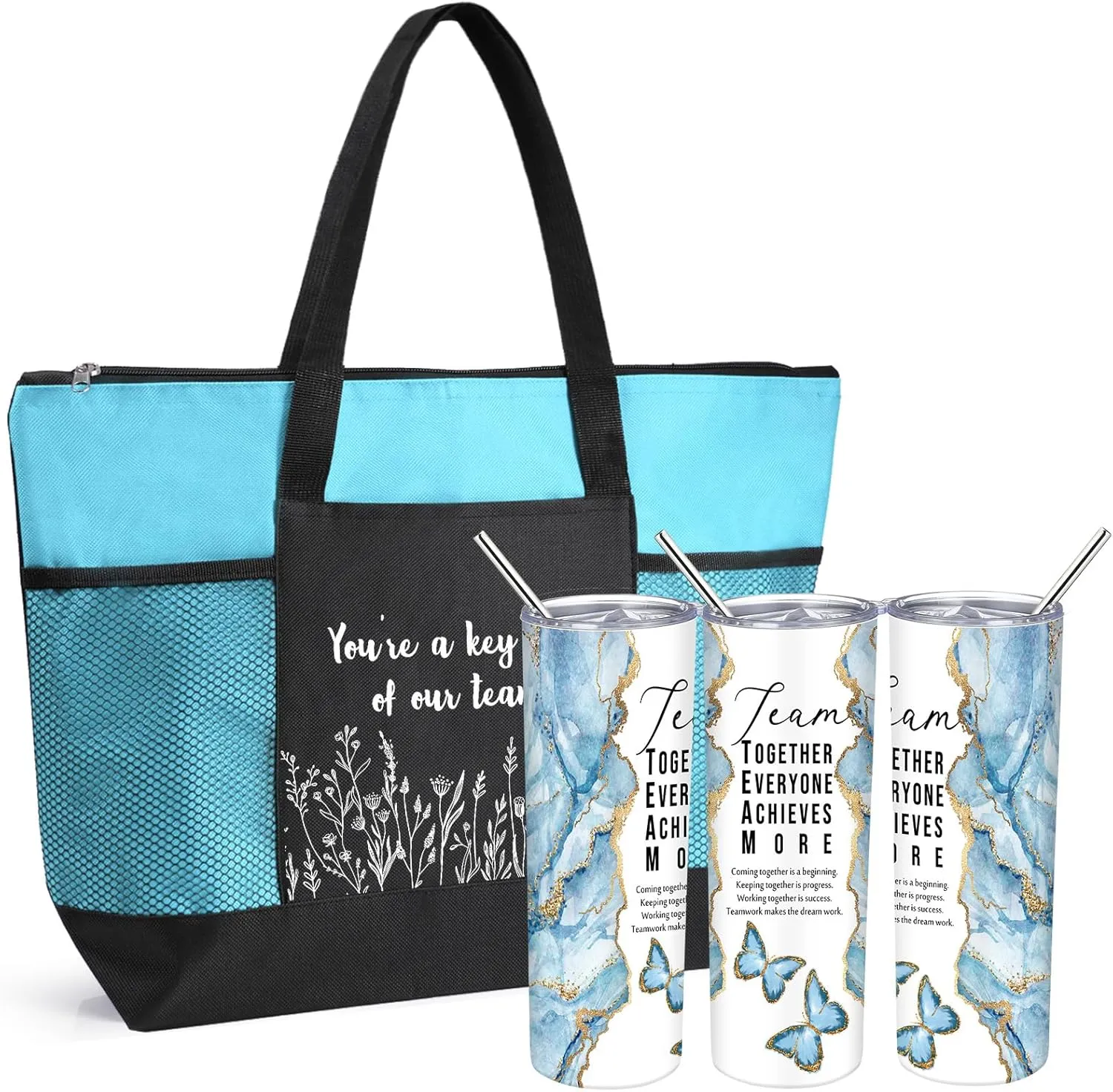 Buryeah 2 Pcs Employee Appreciation Week Gift for Team Staff 20 oz Marble Tumbler with Lid Large Tote Bag with Mesh Pockets Administrative Office Business Gift for Assistant Volunteer(Light Blue)