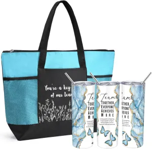Buryeah 2 Pcs Employee Appreciation Week Gift for Team Staff 20 oz Marble Tumbler with Lid Large Tote Bag with Mesh Pockets Administrative Office Business Gift for Assistant Volunteer(Light Blue)