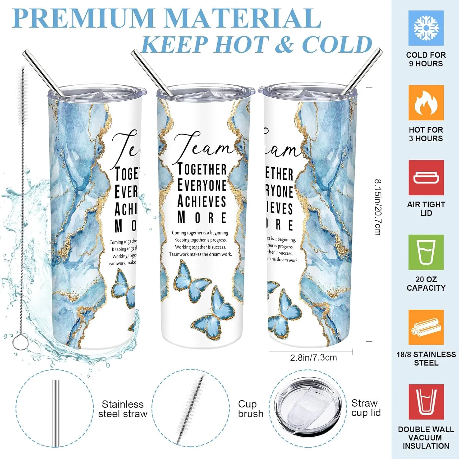 Buryeah 2 Pcs Employee Appreciation Week Gift for Team Staff 20 oz Marble Tumbler with Lid Large Tote Bag with Mesh Pockets Administrative Office Business Gift for Assistant Volunteer(Light Blue)
