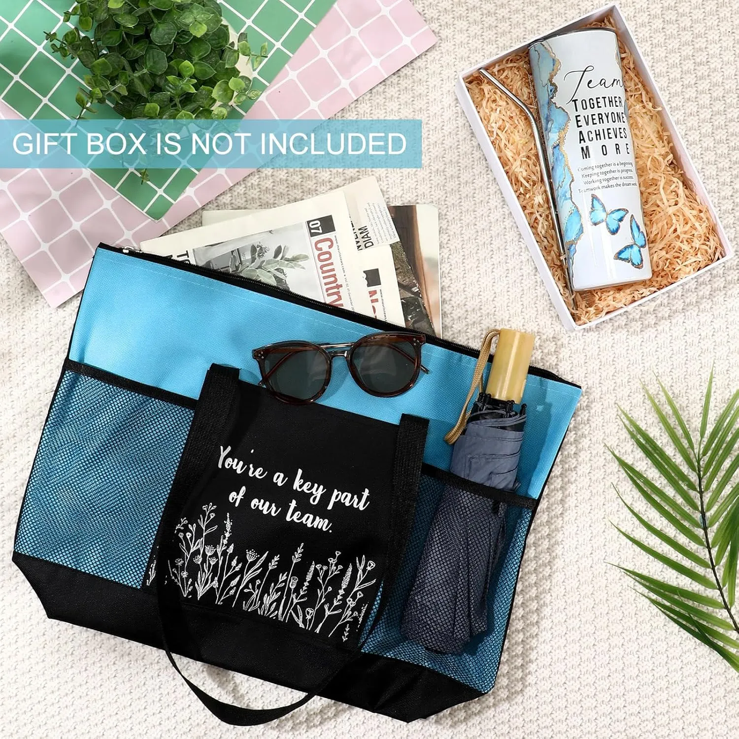 Buryeah 2 Pcs Employee Appreciation Week Gift for Team Staff 20 oz Marble Tumbler with Lid Large Tote Bag with Mesh Pockets Administrative Office Business Gift for Assistant Volunteer(Light Blue)
