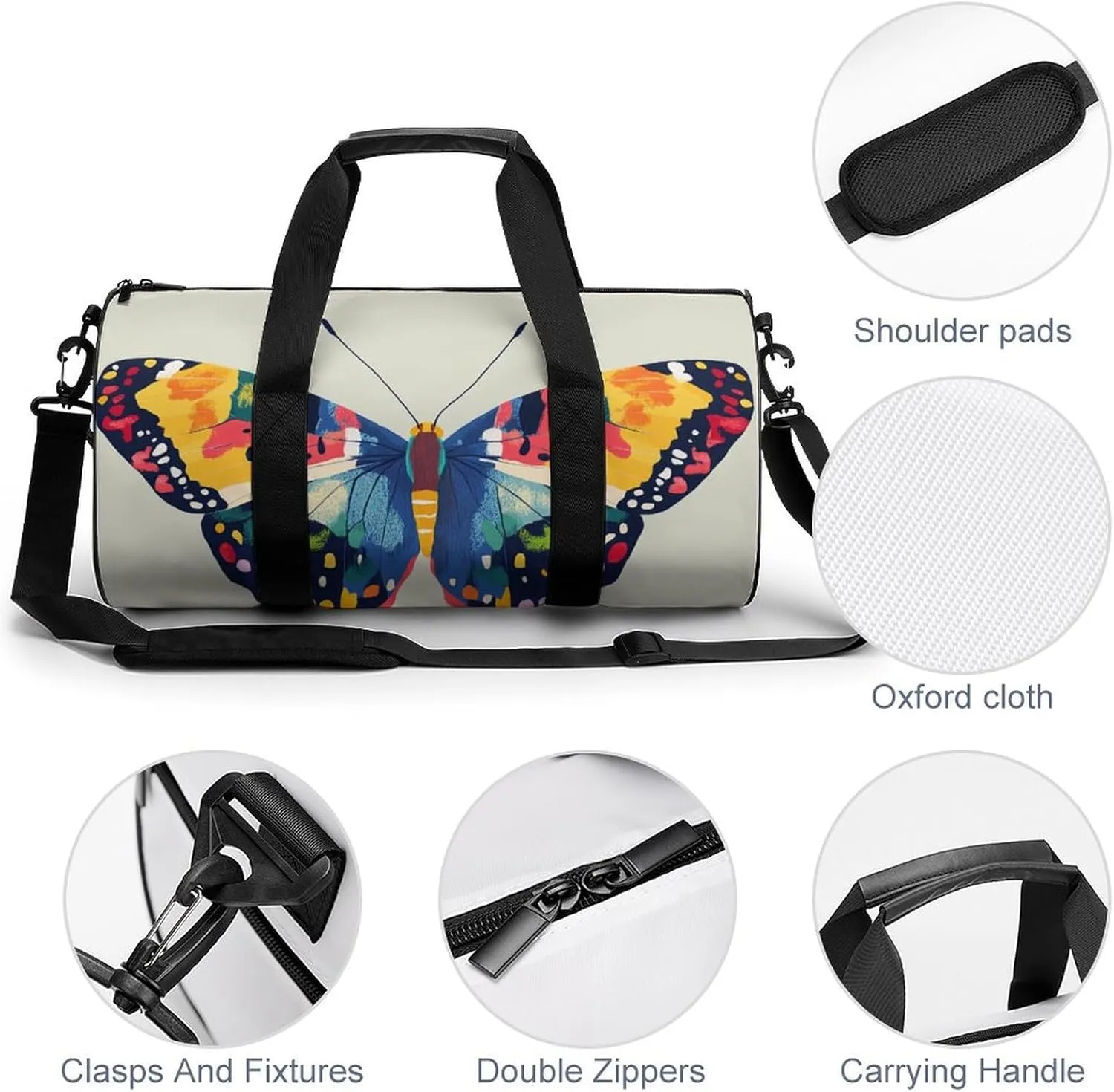 Butterfly Pattern Travel Gym Bag for Women Men Cylindrical Duffle Bag Sport Workout Bag with Shoulder Strap