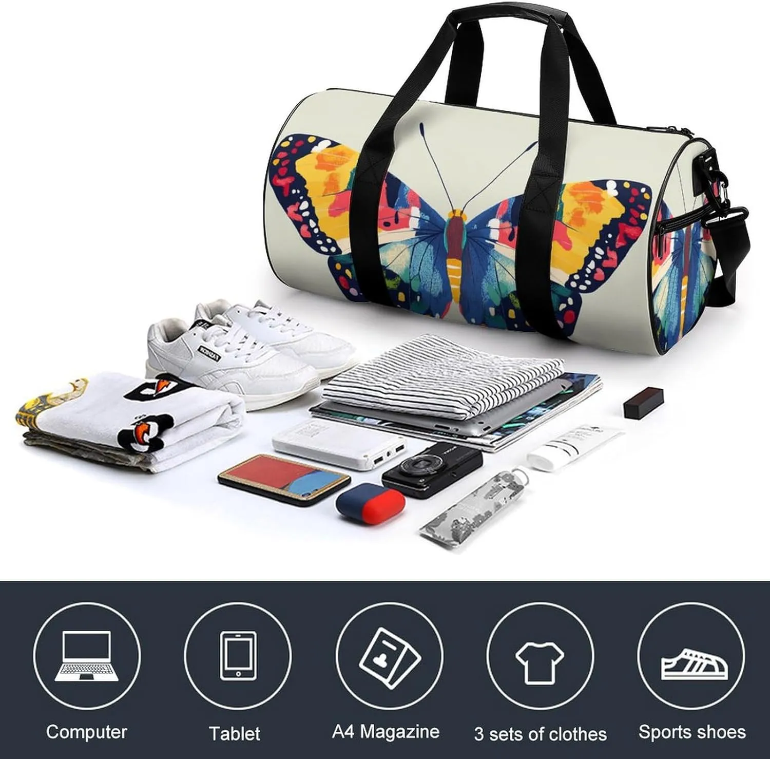 Butterfly Pattern Travel Gym Bag for Women Men Cylindrical Duffle Bag Sport Workout Bag with Shoulder Strap