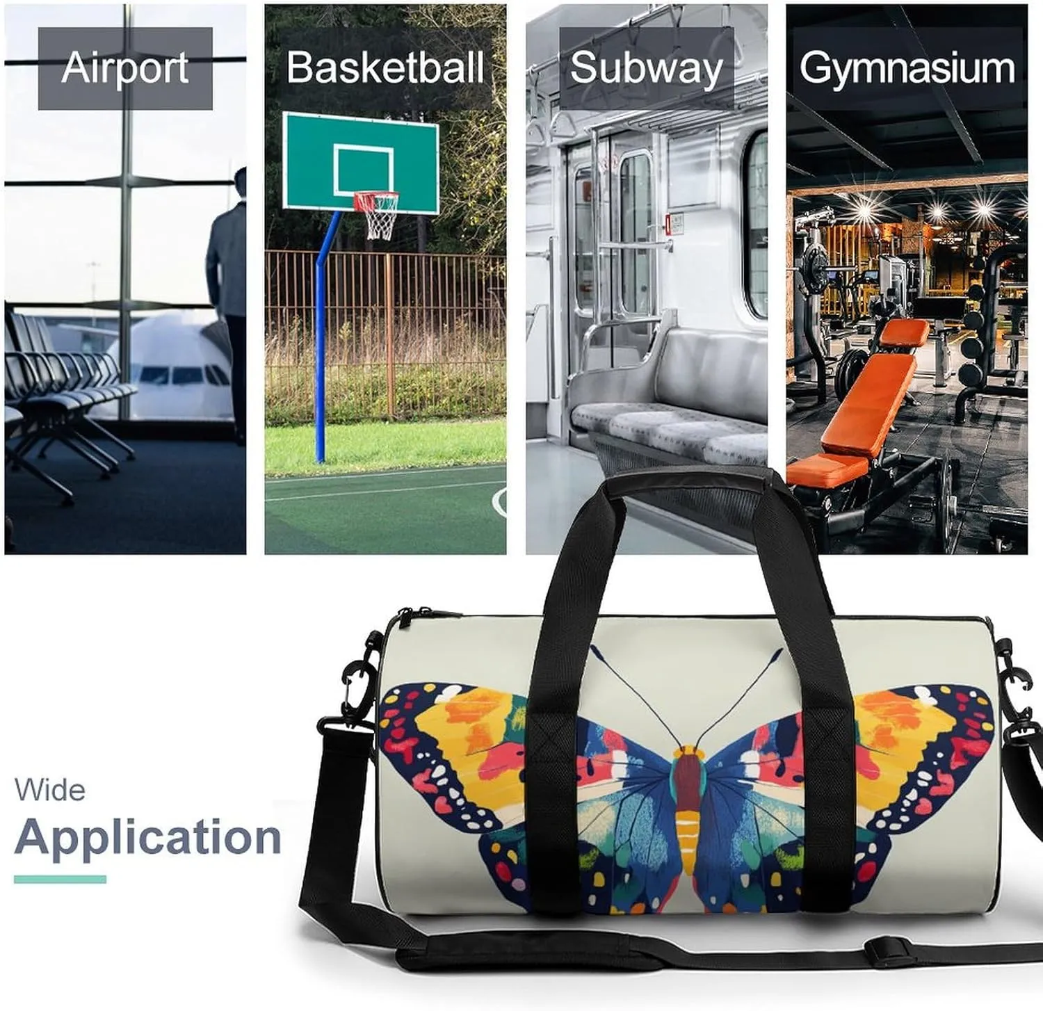 Butterfly Pattern Travel Gym Bag for Women Men Cylindrical Duffle Bag Sport Workout Bag with Shoulder Strap