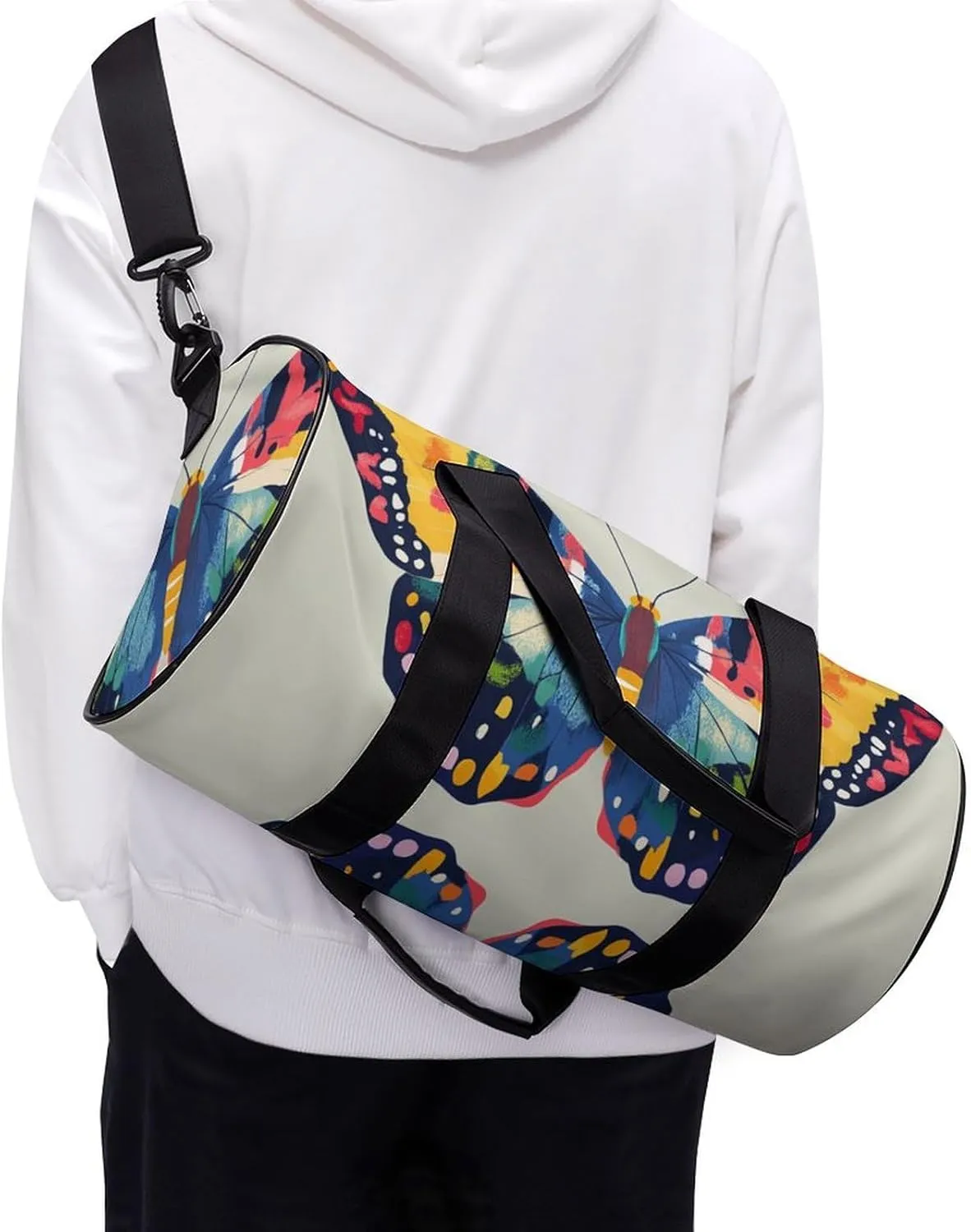 Butterfly Pattern Travel Gym Bag for Women Men Cylindrical Duffle Bag Sport Workout Bag with Shoulder Strap