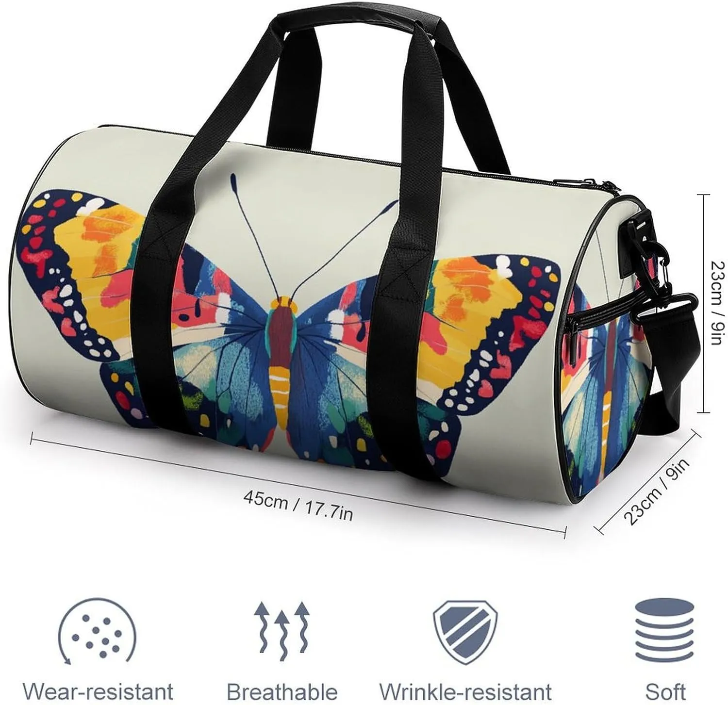 Butterfly Pattern Travel Gym Bag for Women Men Cylindrical Duffle Bag Sport Workout Bag with Shoulder Strap