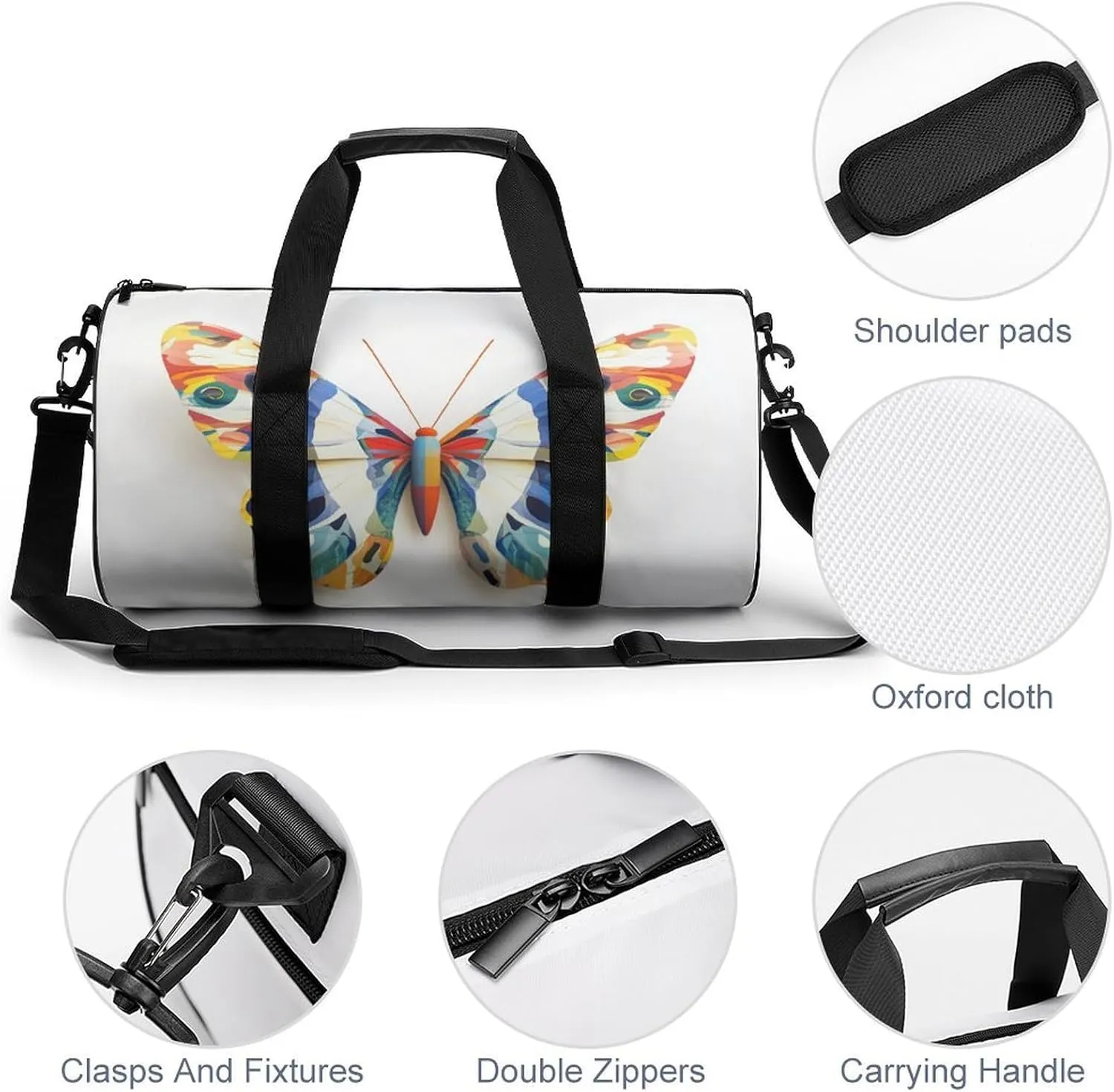 Butterfly Travel Gym Bag for Women Men Cylindrical Duffle Bag Sport Workout Bag with Shoulder Strap