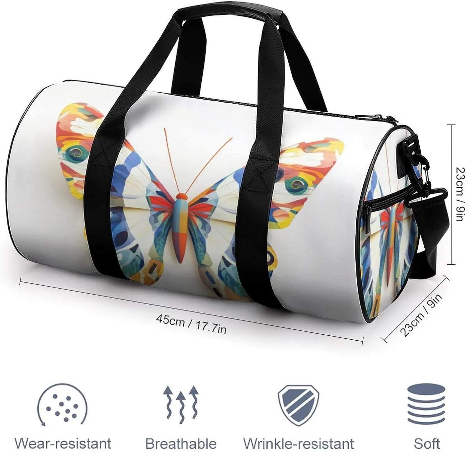Butterfly Travel Gym Bag for Women Men Cylindrical Duffle Bag Sport Workout Bag with Shoulder Strap