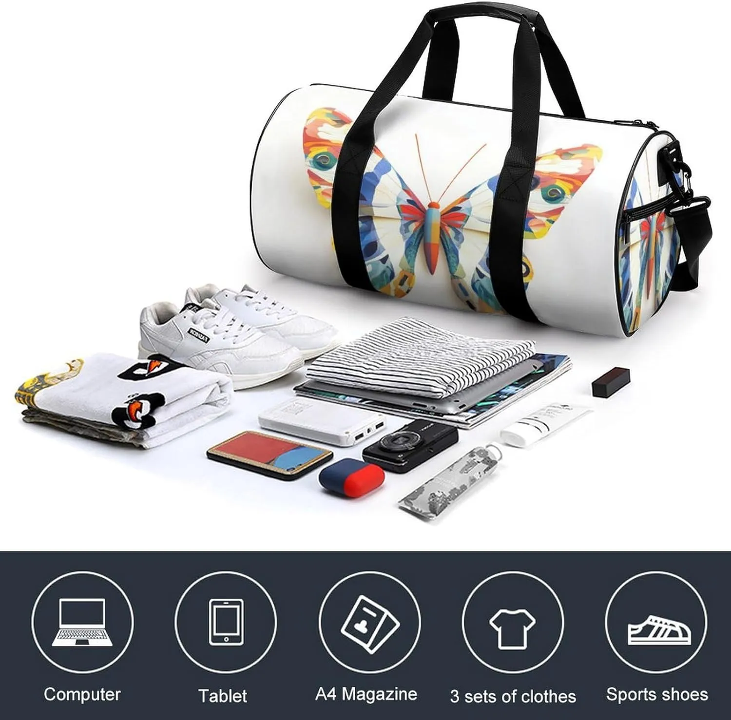 Butterfly Travel Gym Bag for Women Men Cylindrical Duffle Bag Sport Workout Bag with Shoulder Strap