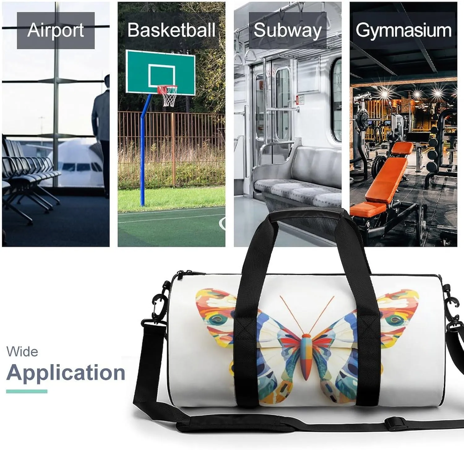 Butterfly Travel Gym Bag for Women Men Cylindrical Duffle Bag Sport Workout Bag with Shoulder Strap