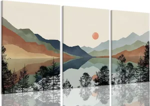 Bwodke Framed Mountain Canvas Wall Art Set of 3 Boho Watercolor Nature Landscape Picture Decor Sun Forest Abstract Prints Poster Artwork Painting for Living Room Bedroom Office