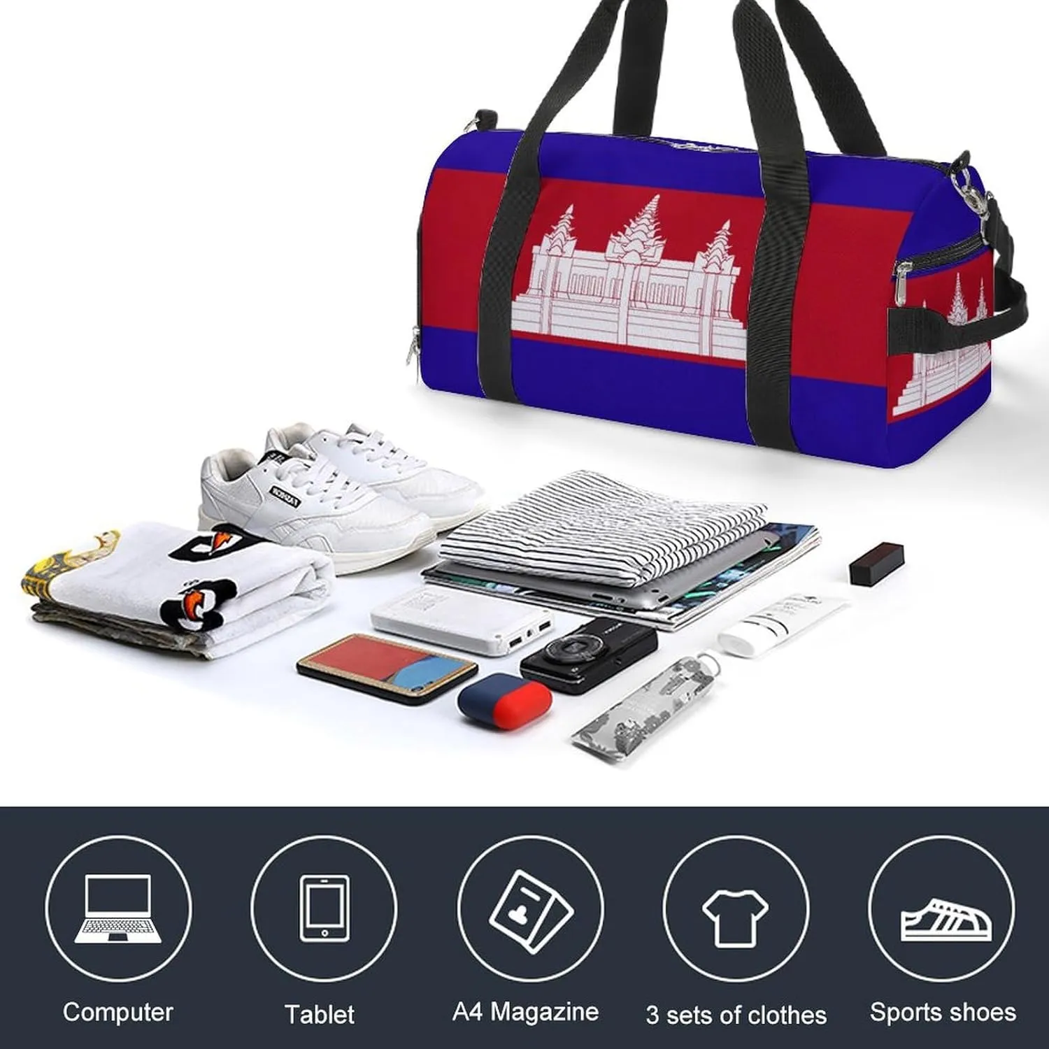 Cambodia Flag Sports Gym Bag for Boys Girls with Shoe Compartment Carry On