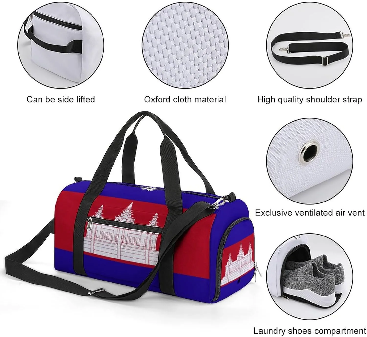 Cambodia Flag Sports Gym Bag for Boys Girls with Shoe Compartment Carry On