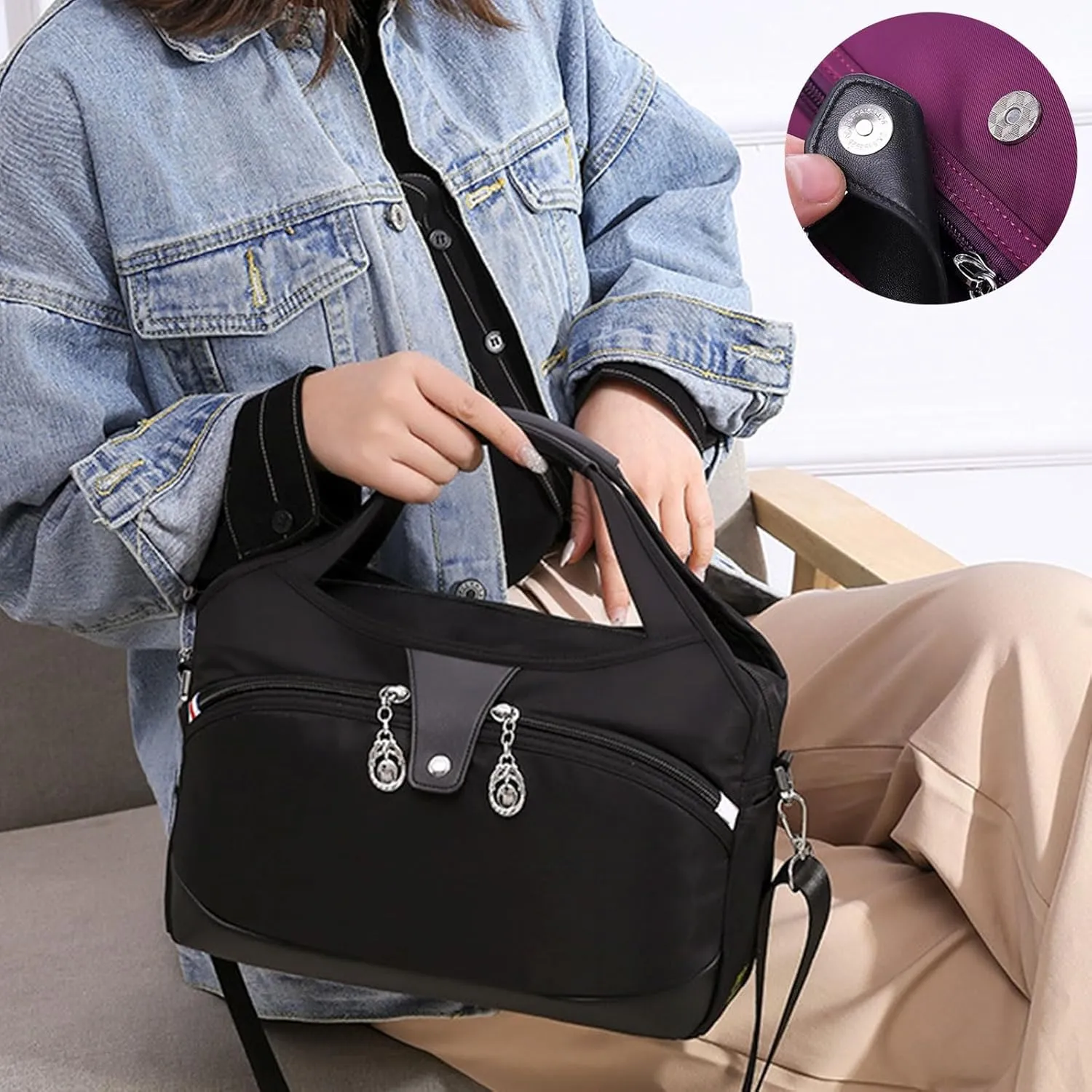 Camouflage Rose Red Anti-Theft Handbag, Fashion Waterproof Oxford Cloth Satchel, Zipper Multi-Layer, 10 Pockets, Adjustable Crossbody Strap, 11.4*4.7*11 inches