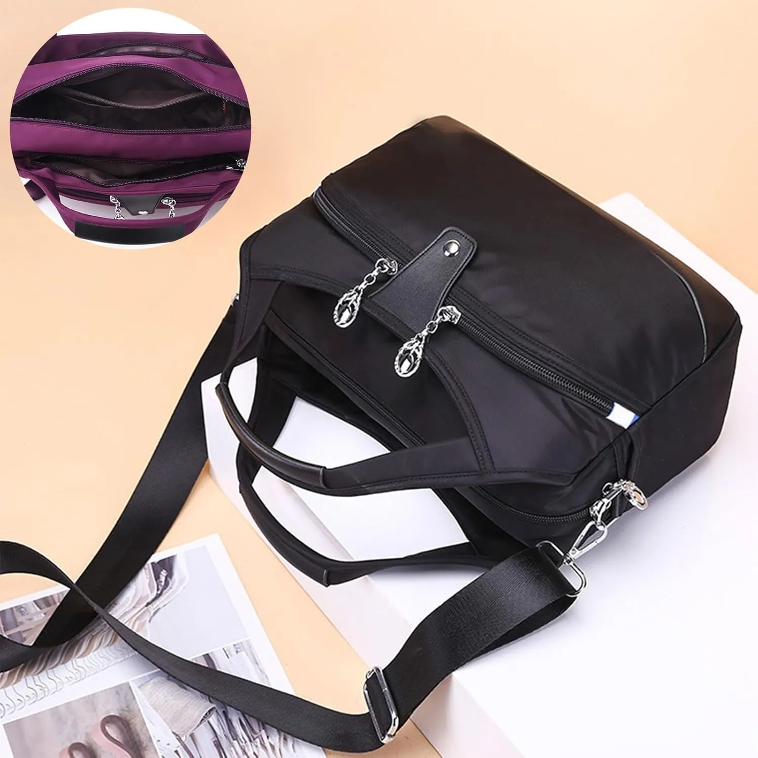 Camouflage Rose Red Anti-Theft Handbag, Fashion Waterproof Oxford Cloth Satchel, Zipper Multi-Layer, 10 Pockets, Adjustable Crossbody Strap, 11.4*4.7*11 inches
