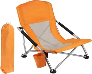 Camping Chair Folding Low High Back Recliner with Cup Bag for Outdoor Lawn Travel Picnic-Orange