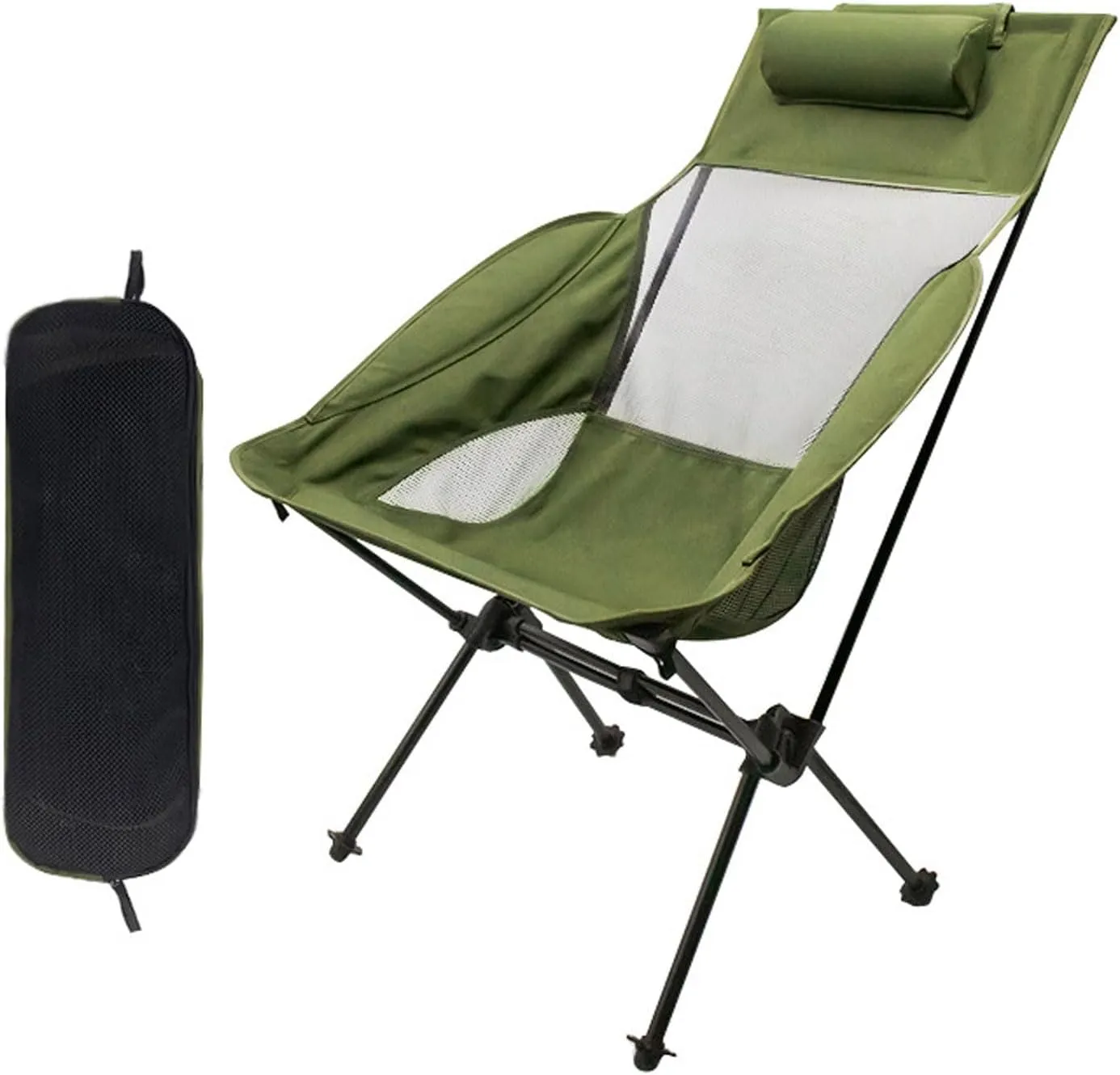 Camping Chair Portable High Back Breathable Mesh Lightweight Folding Chair with Headrest for Outdoor-Green