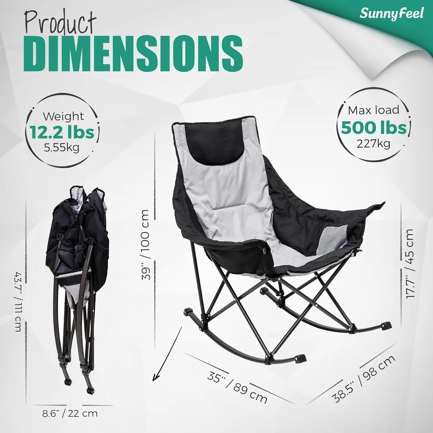Camping Rocking Chair for Adults, Luxury Padded Recliner, Oversized Folding Rocker, Outdoor Lawn Chair