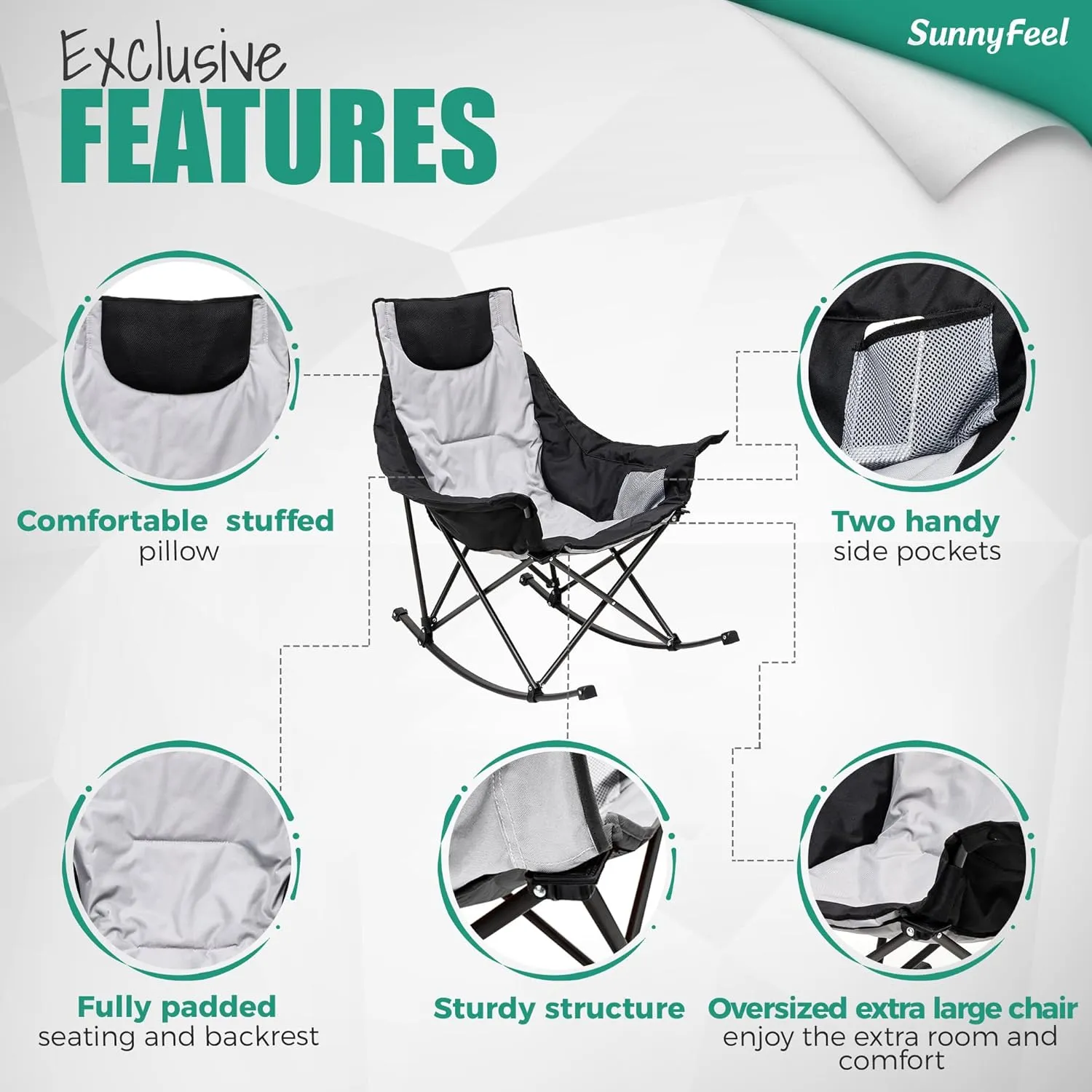 Camping Rocking Chair for Adults, Luxury Padded Recliner, Oversized Folding Rocker, Outdoor Lawn Chair