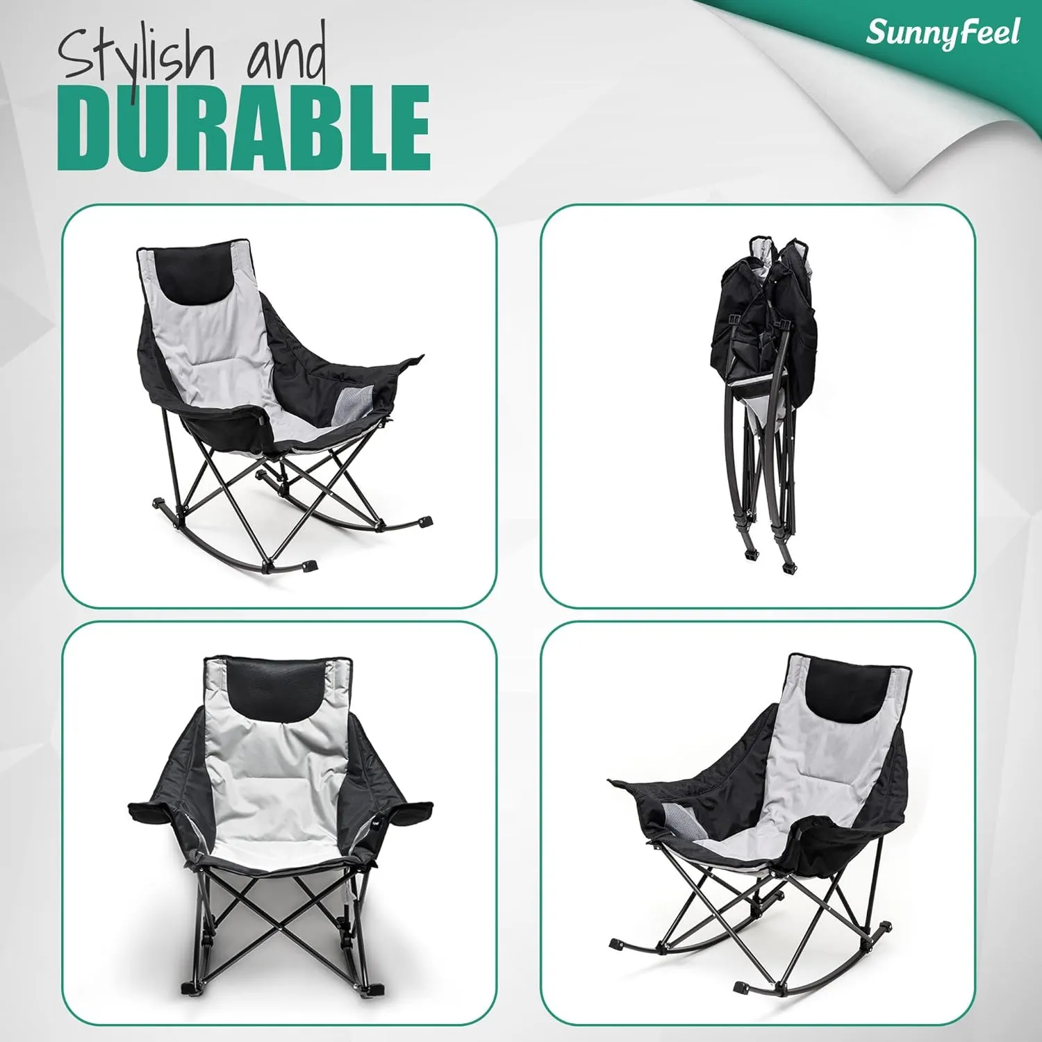 Camping Rocking Chair for Adults, Luxury Padded Recliner, Oversized Folding Rocker, Outdoor Lawn Chair