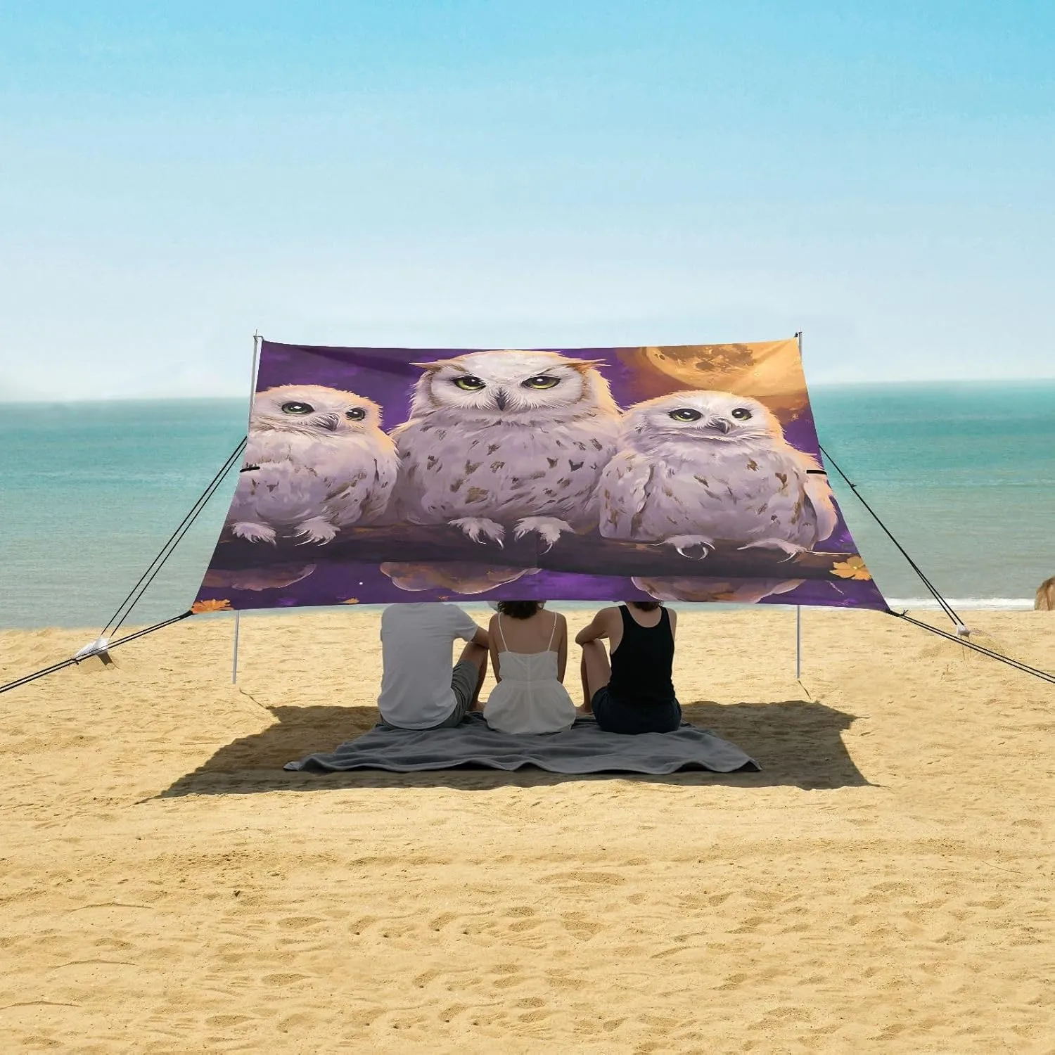 Canopy Tent Beach Outdoor Patio Sun Shade 9.2 × 10.5 FT Picnic Sand Camping Sun Shelter Mystical Owls Full Moon Purple Wind Sail Shade with Poles Sand Anchor