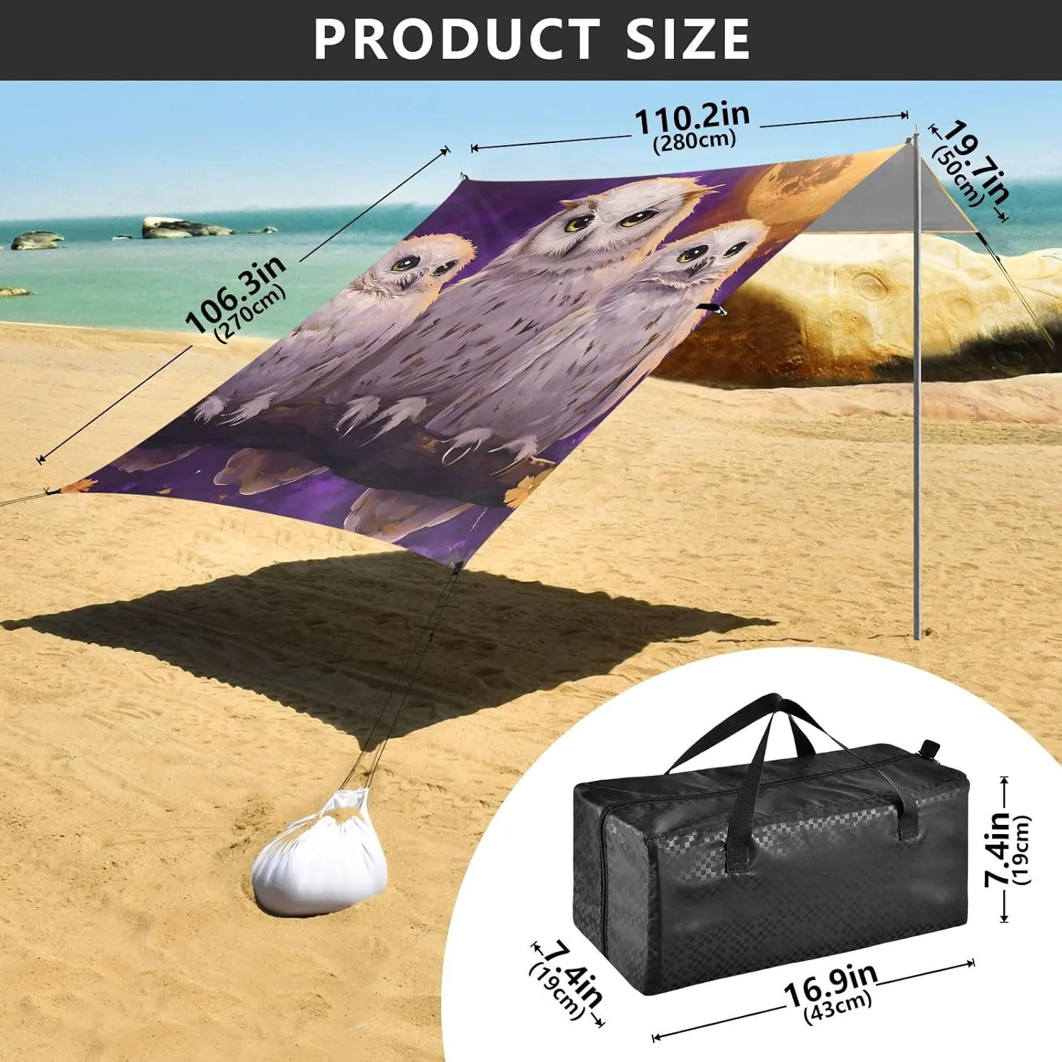 Canopy Tent Beach Outdoor Patio Sun Shade 9.2 × 10.5 FT Picnic Sand Camping Sun Shelter Mystical Owls Full Moon Purple Wind Sail Shade with Poles Sand Anchor