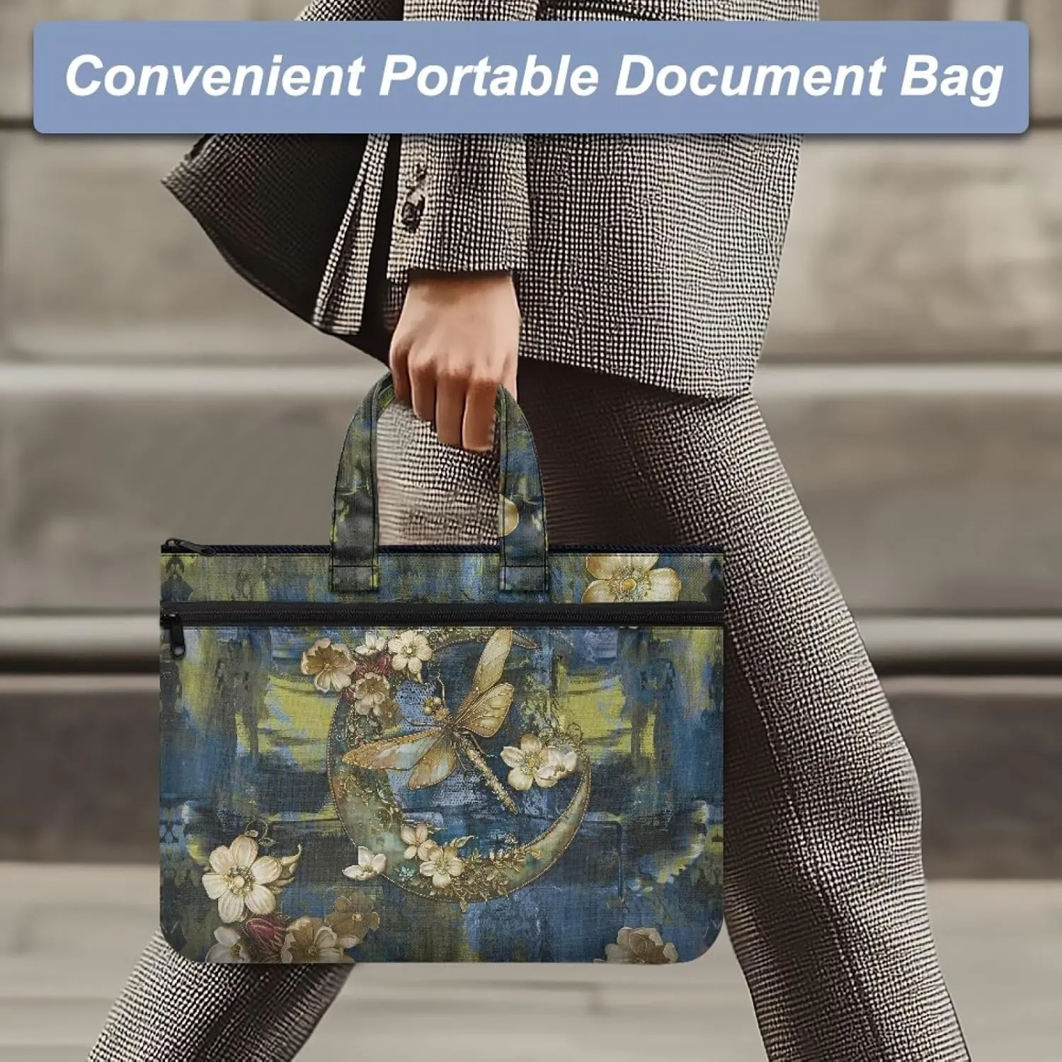 Canvas Document Bag Document Pouch with Zipper Large Double Pockets File Bag with Handle Portable Briefcase Canvas Tote Bag