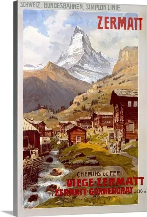 CANVAS ON DEMAND Swiss Alps, Zermatt, Matterhorn, Vintage Poster, by Anton Reckziegel Canvas Wall Art Print, Home Decor, Artwork, 16" x24in