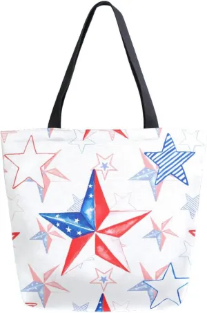 Canvas Tote Bag Flag Starts Women Shoulder Bag Watercolor Memorial Day Reusable Grocery Bags Large Handbag Travel Shopping Bag for School Nursing Gift Outdoors