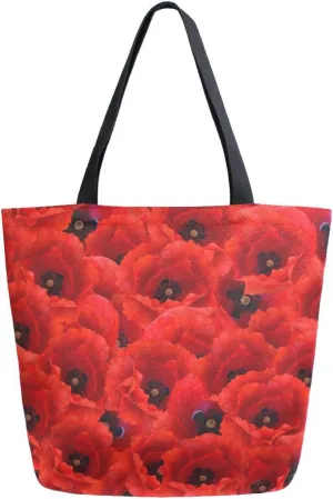 Canvas Tote Bag Papaver Rhoeas Woman Beach Bag Red Floral Summer Shoulder Bag School Had Bag Handbag Holiday Gift