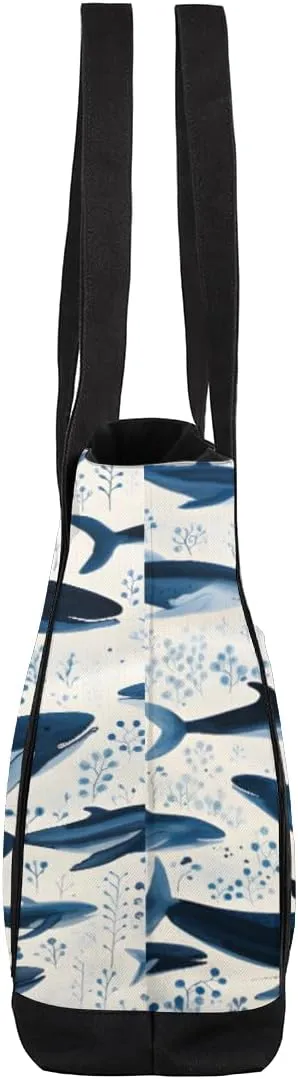 Canvas Tote Bag Sharks Dark Blue Tote Bag for Women with Zipper Shoulder Bag Reusable Grocery Bags