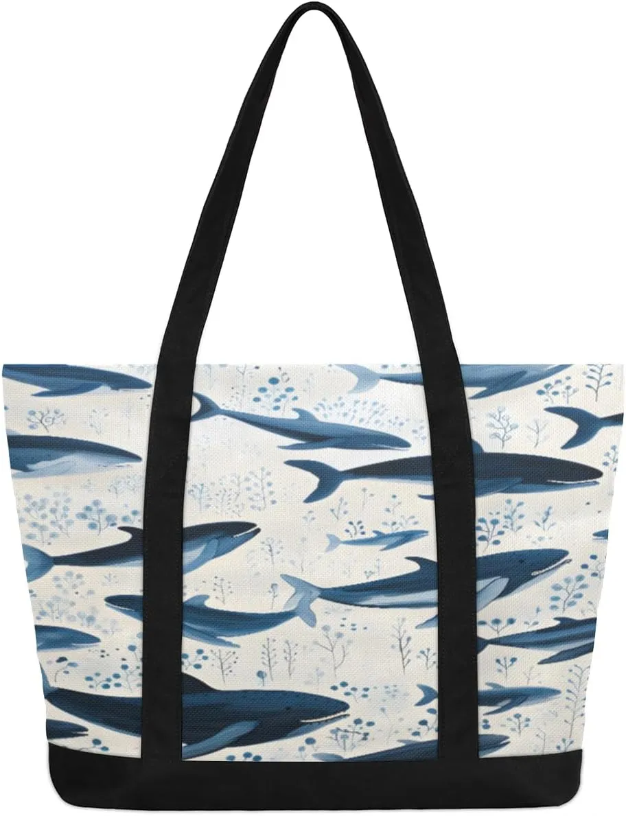 Canvas Tote Bag Sharks Dark Blue Tote Bag for Women with Zipper Shoulder Bag Reusable Grocery Bags