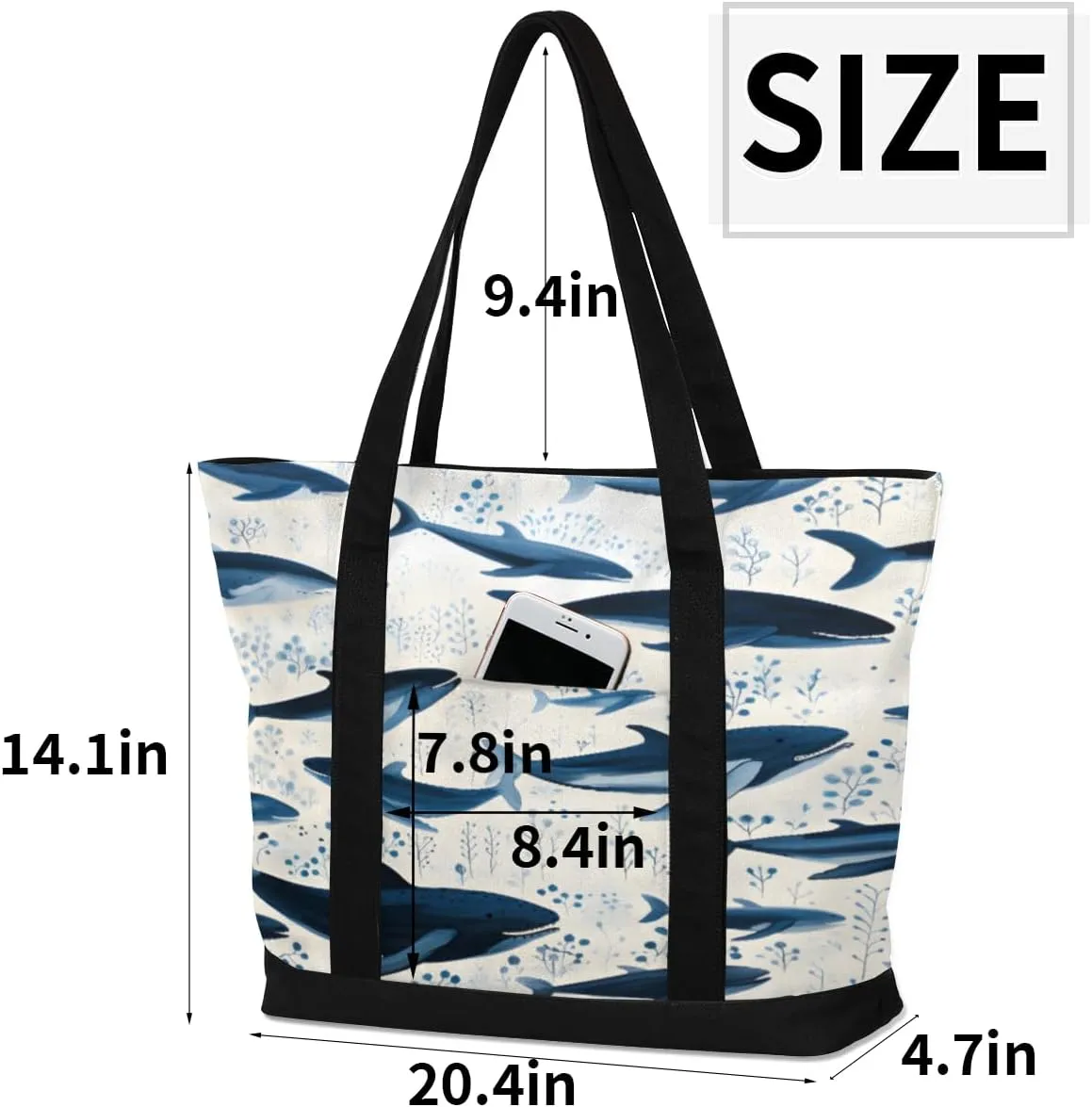 Canvas Tote Bag Sharks Dark Blue Tote Bag for Women with Zipper Shoulder Bag Reusable Grocery Bags
