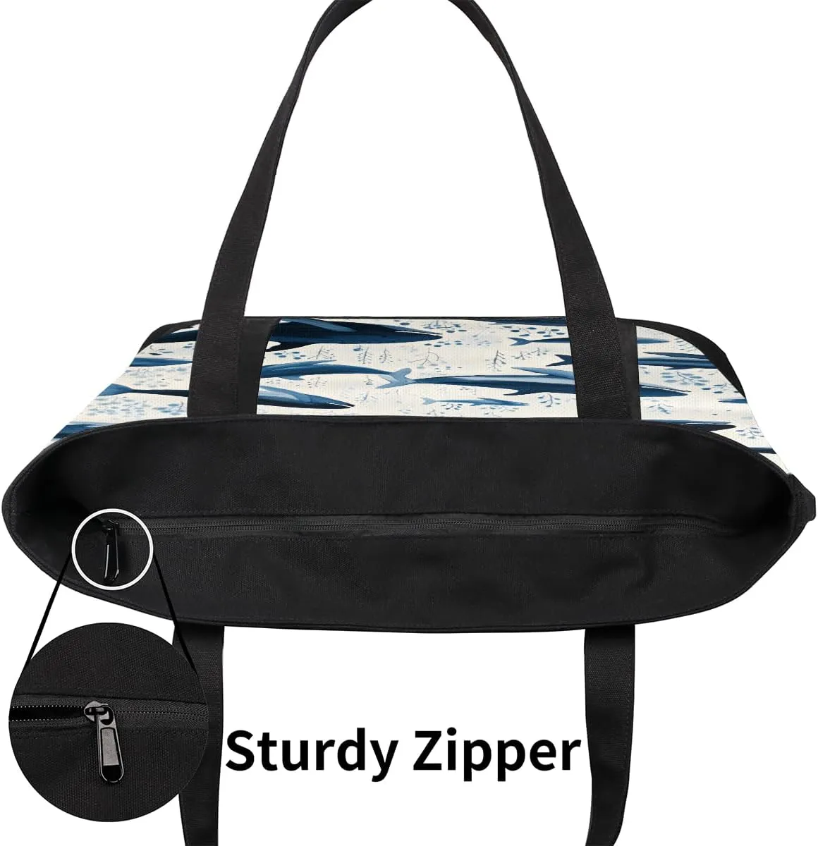 Canvas Tote Bag Sharks Dark Blue Tote Bag for Women with Zipper Shoulder Bag Reusable Grocery Bags
