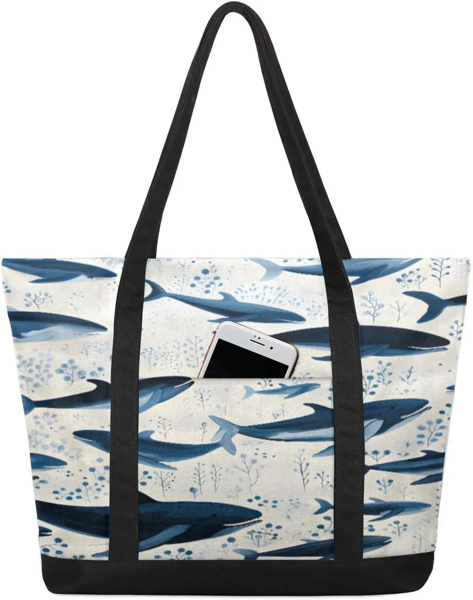 Canvas Tote Bag Sharks Dark Blue Tote Bag for Women with Zipper Shoulder Bag Reusable Grocery Bags