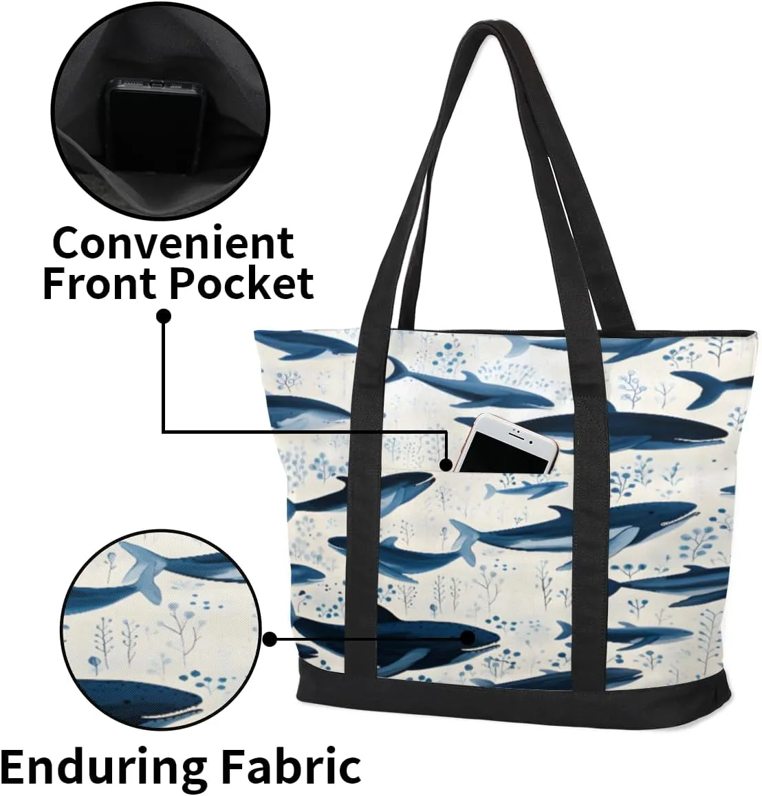 Canvas Tote Bag Sharks Dark Blue Tote Bag for Women with Zipper Shoulder Bag Reusable Grocery Bags