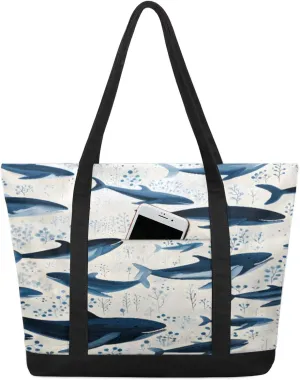 Canvas Tote Bag Sharks Dark Blue Tote Bag for Women with Zipper Shoulder Bag Reusable Grocery Bags